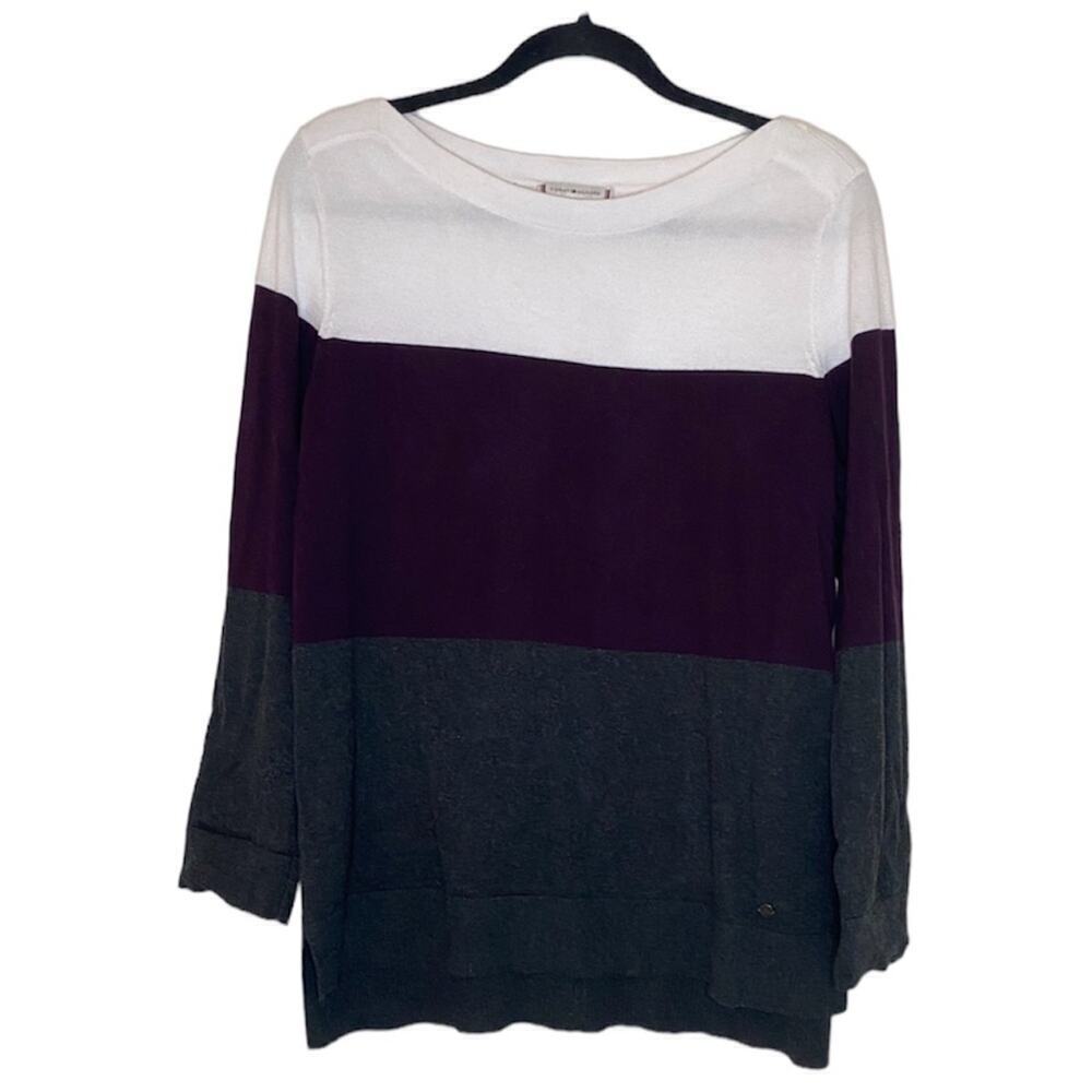 Tommy Hilfiger Striped Purple Gray White Long Sleeve Crewneck Cotton Sweater